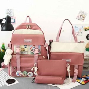 4 PCS Backpack Combo Set with Bear Pendant Canvas Kawaii School Bag Sets with Pencil Box Lunch Box Bag