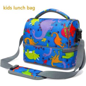 Custom School Kids Double Decker Cooler Insulated Lunch Bag Large Tote for Boys, Girls, Men, Women, With Adjustable Strap, Dinosaur