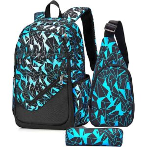 Backpack for School Large Bookbag Waterproof School bag Pencil Case Sling Bag Set for Middle High Casual Daypack (Blue)