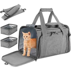 Airline Approved Pet Carrier with 2 Food-Grade PVC Folding Bowls, Soft Sided Foldable Cat Travel Bag for Poop, Splash-Proof Ventilated Carrier for Pet Transportation