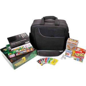 Board Game Carrying Case Bag with Custom Storage Compartments and Padded Shoulder Strap